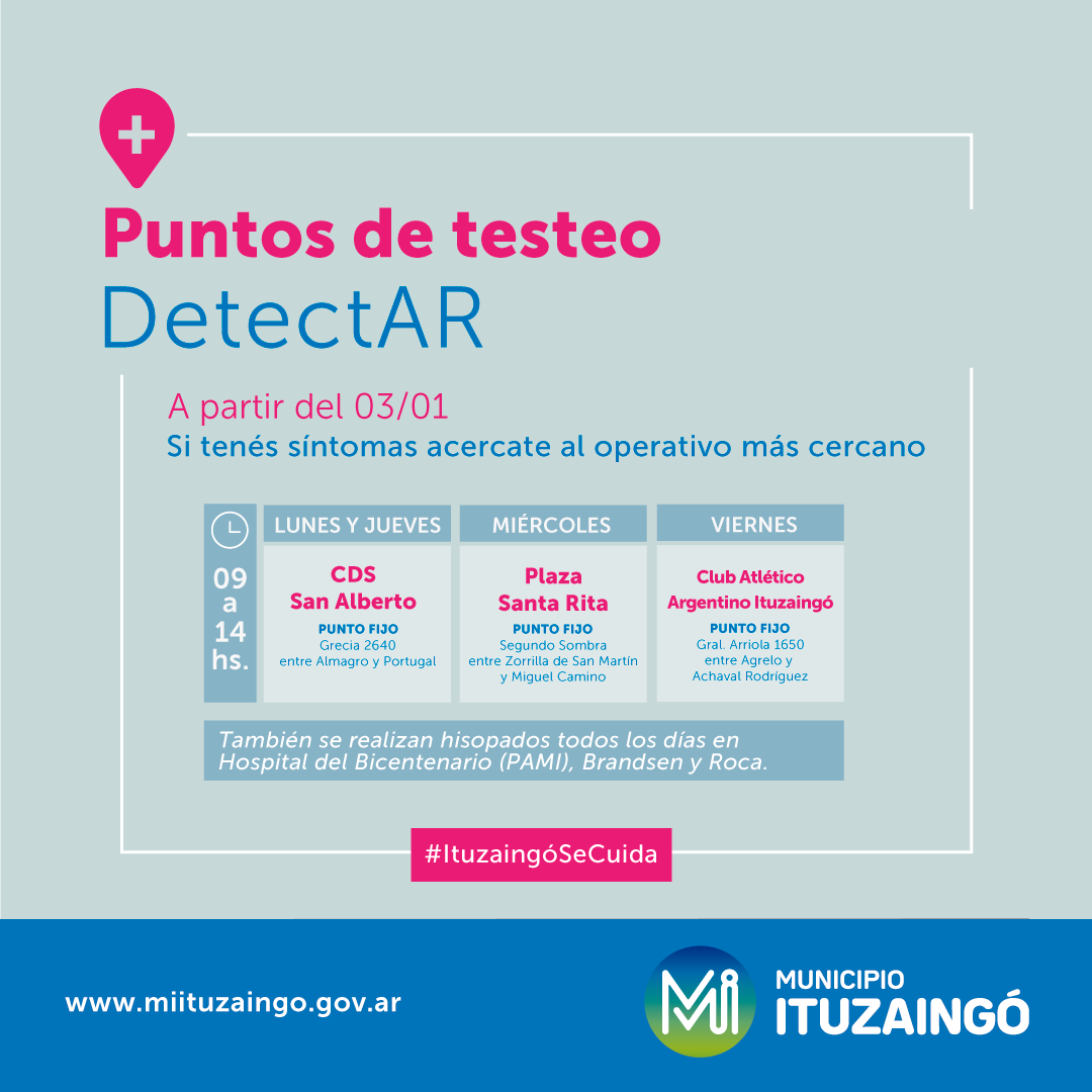 miituzaingo's tweet photo. ⚠ Nuevas postas #OperativoDetectar
Ante el aumento de casos positivos en las últimas semanas, desde el lunes 3/1 se sumarán nuevas postas de testeo COVID-19.
🗓️ Los operativos funcionarán de 9 a 14hs https://t.co/4AnZ0jKhRJ