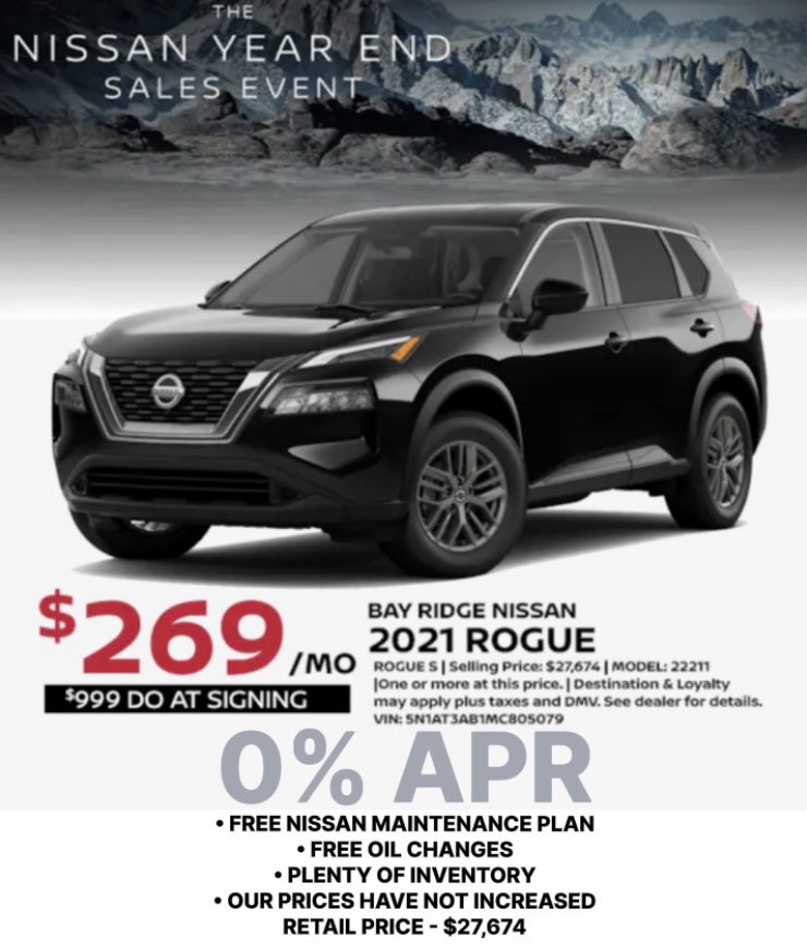 The #Nissan Year End Sales Event is here! (𝐋𝐈𝐍𝐊 𝐁𝐄𝐋𝐎𝐖) #BayRidgeNissan #NissanRogue #BayRidge #Brooklyn #NewYorkCity #NewYork #Rogue #NobodySellsThemLikeWeDo #GoRogue

bit.ly/3o9Bldr2021Rog…