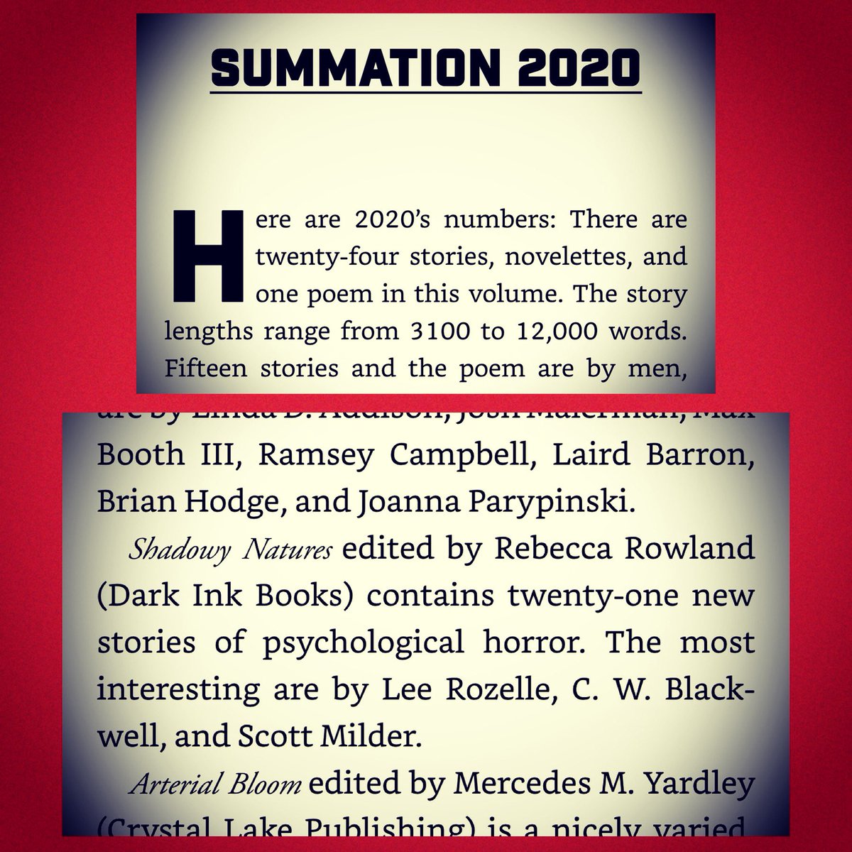 scottymhorror's tweet photo. Whoah! That feeling when you realize you were name checked by the great Ellen Datlow in her annual “summation,” from The Best Horror of the Year Volume 13.
#horrorfiction #anthology #besthorroroftheyearvol13 #shadowynatures https://t.co/hmdrcwpw2n