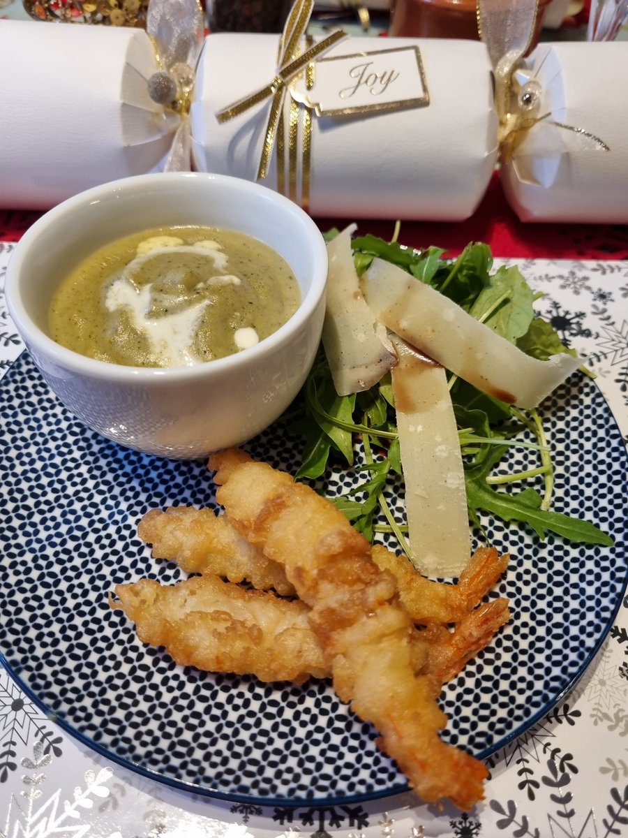 Christmas Day, A Trio of Starters - Broccoli and Stilton soup, Tempura Prawns and Rocket &amp; Parmesan salad with a drizzle of Balsamic vinegar. #chef #cheflife #chefs #food #foodie  #foodblogger #foodlover #foodpics #christmas #christmasfood #jamieoliver #jamesmartin #jacksteinchef