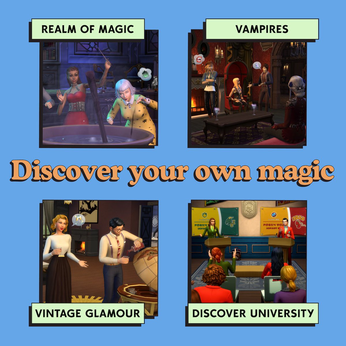 Unlock mysteries 🔍 & find your own magic in any of these packs 😎 #SimsSelves

Leave a trail of emojis to reveal which pack is your favorite! 💚🪄🧙🎓🏫🧛‍♀️🍸🥃✨