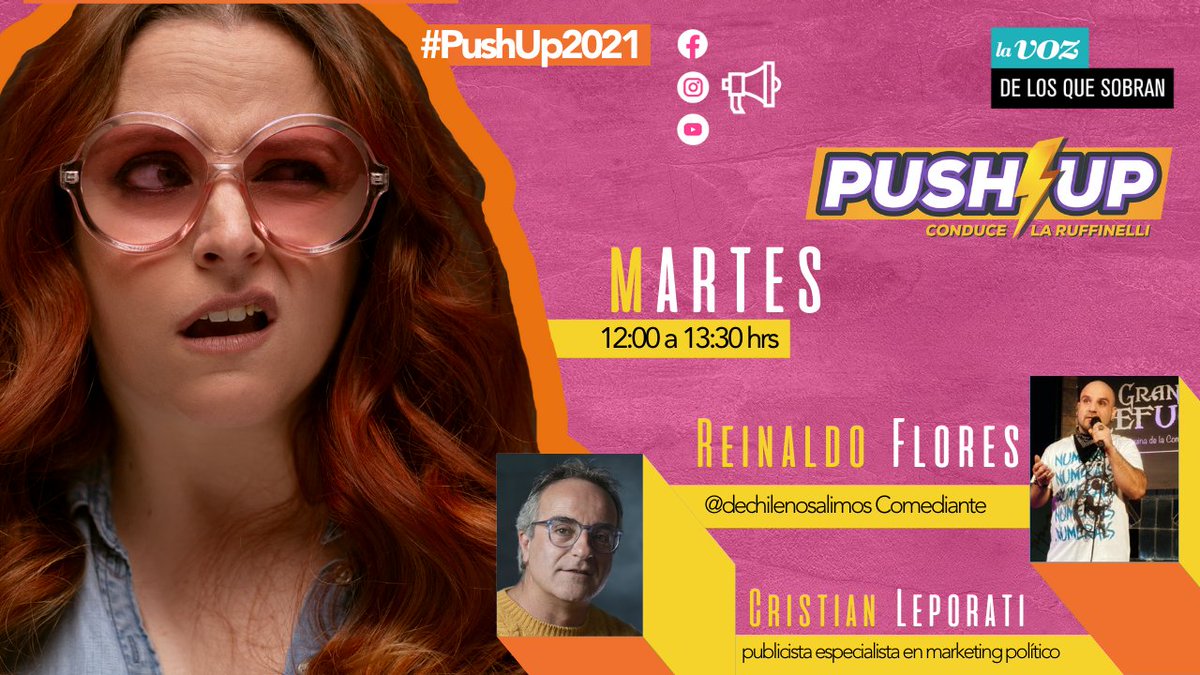 losquesobrancl's tweet photo. Hoy en #PushUp2021 @bruffinelli en el matinal de los flojos
⚡ Reinaldo Flores @dechilenosalimos, comentando los titulares.
⚡ Cristian Leporati, publicista especialista en marketing político
⚡ Columna con Regina Educa #ComoNoLoSuoeAntes
en vivo:
https://t.co/DwkGHxCVzI https://t.co/Tg8NbrhbBs