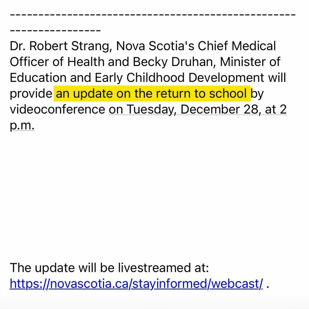 halifaxnoise's tweet photo. Dr. Robert Strang, Nova Scotia's Chief Medical Officer of Health and Becky Druhan, Minister of Education and Early Childhood Development will provide an update on the return to school by videoconference on Tuesday, December 28, at 2 p.m.
.
The update wil… https://t.co/6tn3YucOKL https://t.co/iG5c2sSeQp