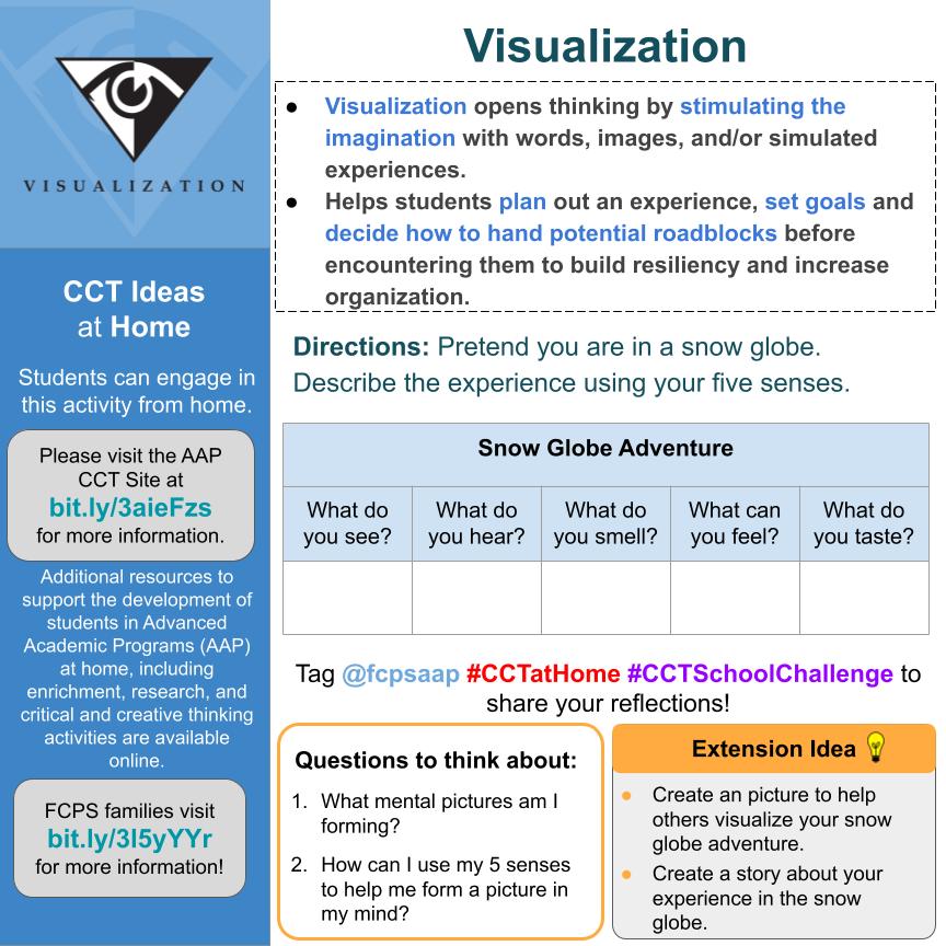 Let's visualize a snow globe adventure! ☃️ Use your five senses to help you visualize the experience. 👀👃👂 Share your ideas with us <a href="/fcpsaap/">FCPS AAP</a> #CCTSchoolChallenge #CCTatHome