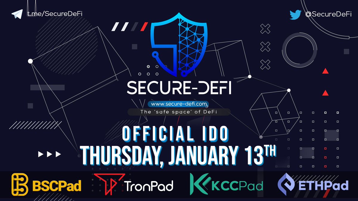 BSCPad's tweet image. 🔥 IDO ANNOUNCEMENT: Secure-DeFi 

@BSCPad + @Tronpadofficial + @KCCPad_Official + @ethpadofficial IDO

IDO Date: January 13th

Initial marketcap: 100K

Whitelist: app.viralsweep.com/sweeps/full/75…

Full announcement: t.me/Bscpannounceme…