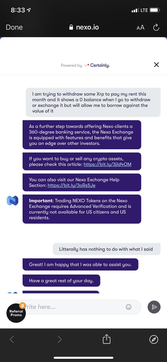 XRDOGEXUMM's tweet photo. @NexoFinance what the hell is this?!? Why even pretend to have customer service when it’s as incompetent as this. Have somebody reach out. Now. #nexoscam https://t.co/74v0Kgocgs