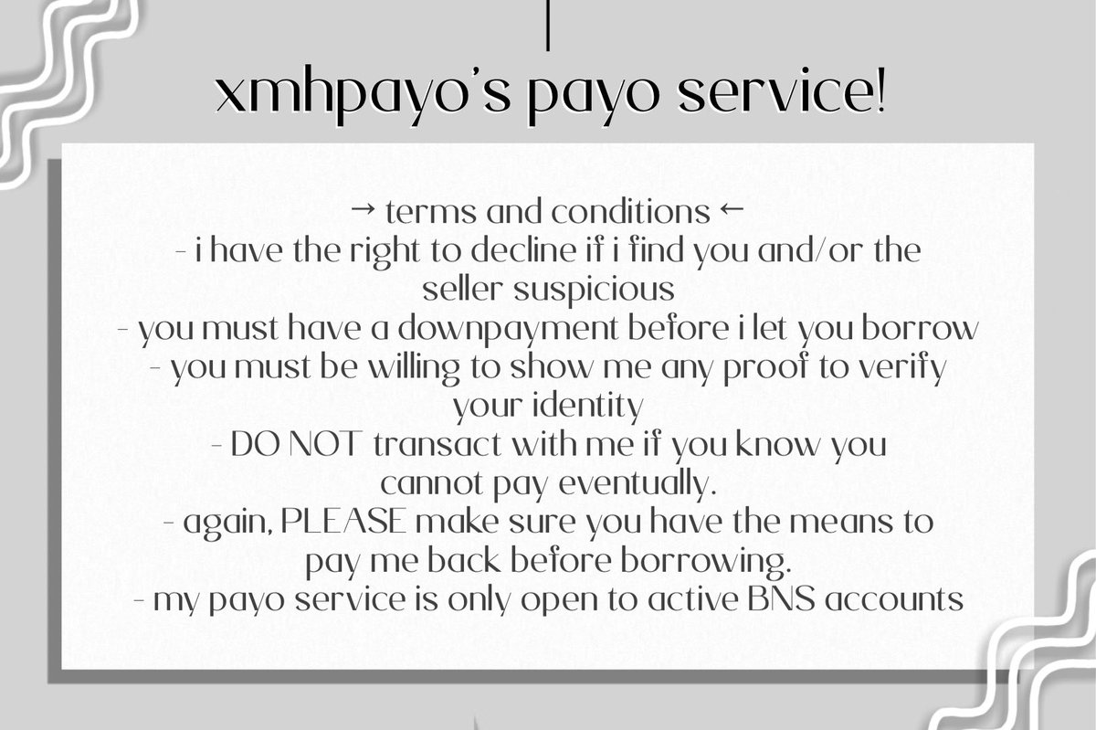 xmhpayo's tweet photo. . . . xmhpayo's payo service . . .

→ please read everything before dm-ing!
→ if you need it immediately and i haven't responded yet, please reply to this tweet ^__^
→ limited slots every week https://t.co/g0UnT5Pv3X