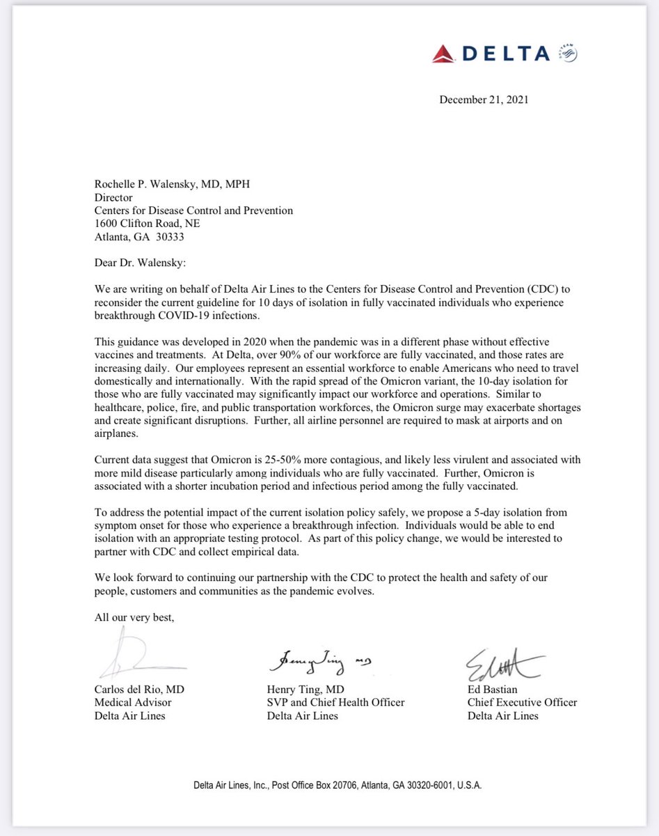 Tori_Bedford's tweet image. Delta CEO asks CDC to shorten the recommended COVID quarantine: "the 10-day isolation for those who are fully vaccinated may significantly impact our workforce and operations"

the next week, CDC shortened guidance to 5 days.

10 days is still the guidance in Canada, Europe + UK