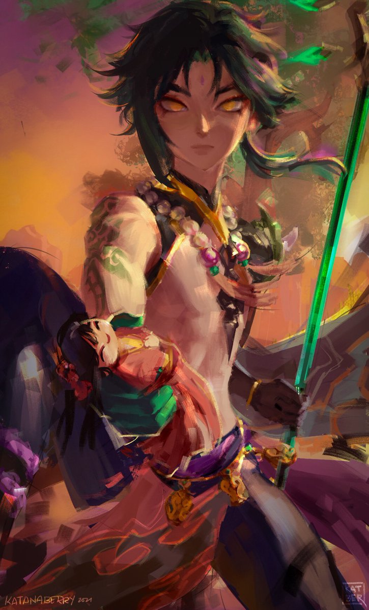 katanaberry's tweet photo. “One day, when I was in the forest, I met a handsome, dashing adeptus — it was as if he had popped right out of a story book! 

I smiled at him, but he didn’t smile back... he just returned the doll that the hilichurls stole back to me...” 

#xiao #GenshinImpact https://t.co/YbMa11mfOw