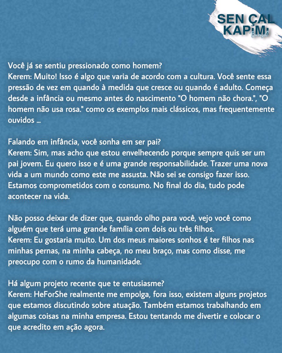 SenCalKapimiBr's tweet photo. [📃] “Eu gostaria muito. Um dos meus maiores sonhos é ter filhos nas minhas pernas, na minha cabeça, no meu braço, mas como disse, me preocupo com o rumo da humanidade.” 

• #KeremBürsin • #KeremBürsinXAlem https://t.co/th2IxqEOrm