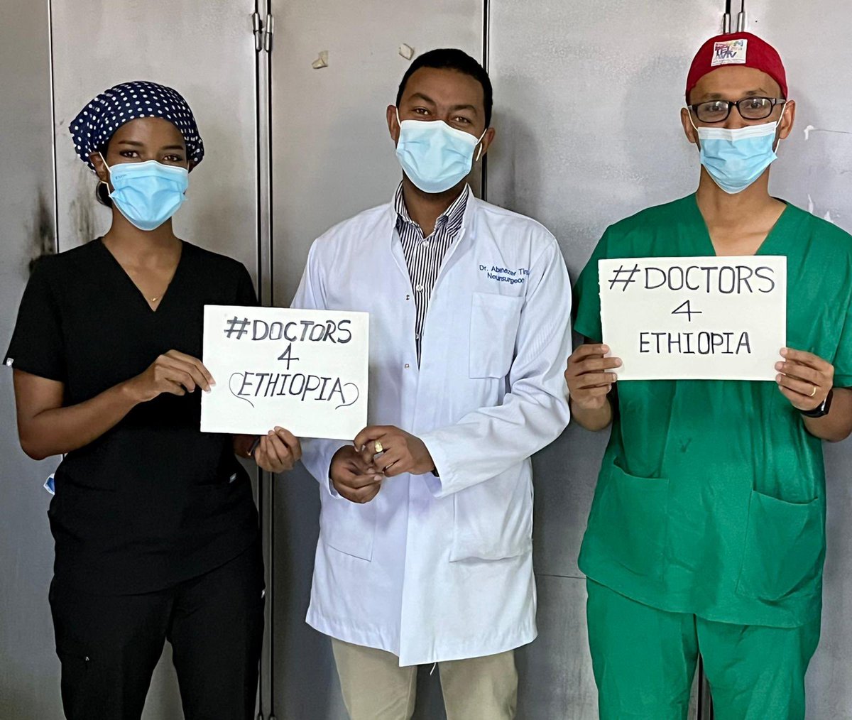 Doctors4Ethio's tweet photo. 📍From on the ground in Addis Ababa, #Ethiopia!

#Ethiopian Neurosurgeons 🧠 at Tikur Anbessa (Black Lion) Hospital coming together &amp; standing in solidarity with the innocent victims in all of Ethiopia!

#Ethiopians Together there’s nothing we can’t achieve! 

#HealAndRestore🇪🇹🙏🏾 https://t.co/saNRx7TNyn