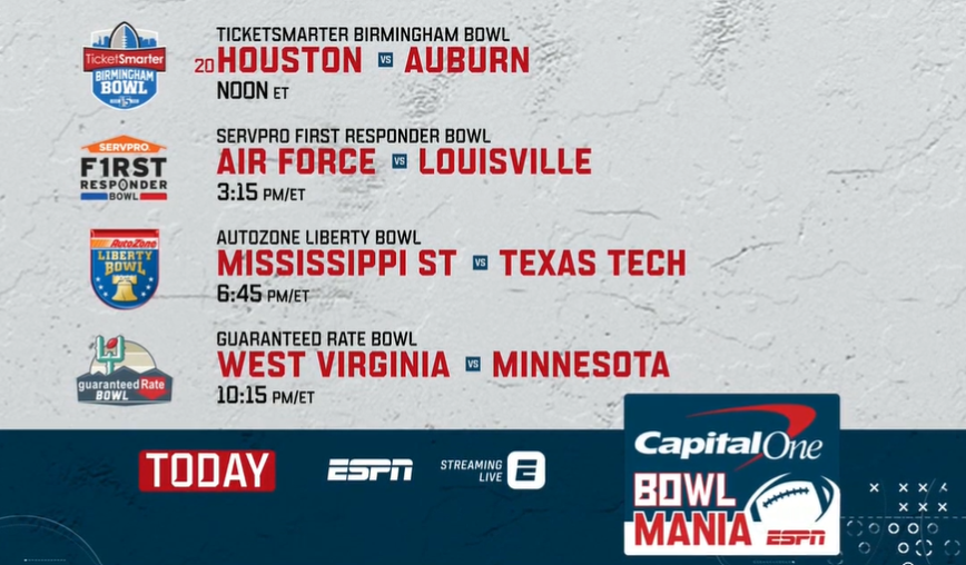 A loaded ESPN #BowlSeason schedule today. Our four games & crews: 🏈 Noon ET: Taylor Zarzour, @EricMacLain @taylorbethdavis 🏈 315p: @CotterESPN @MarkHerzlich @jregina14 🏈 645: @DaveNealSports @dmcallister26 @Andraya_Carter 🏈 1015: Dave Flemming @RodGilmore @StormBuonantony