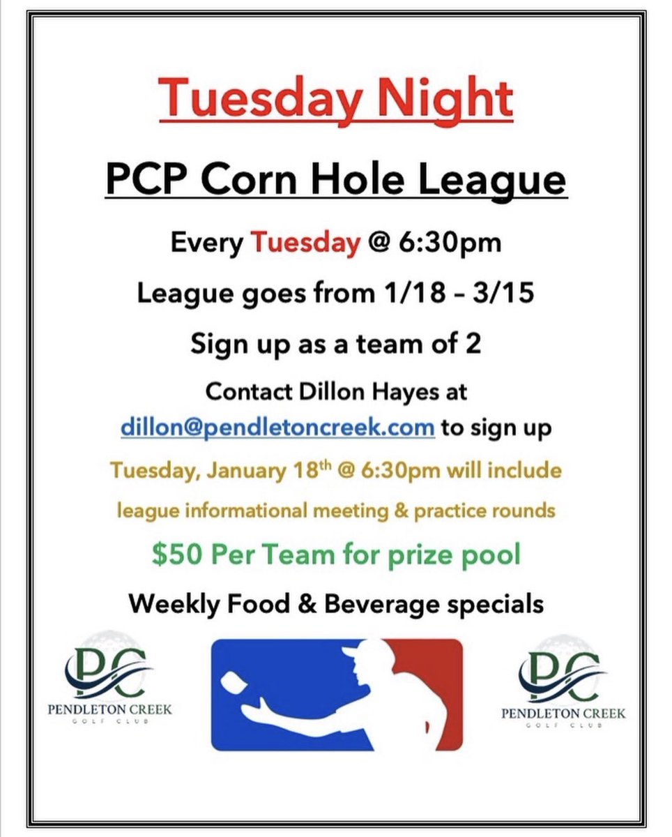 PCGC_Pub's tweet image. We know many of you have been waiting for this!!!! Our new Tuesday night corn hole league is coming to the Pub starting January 18th. 

Contact Dillon Hayes to sign up: dillon@pendletoncreek.com