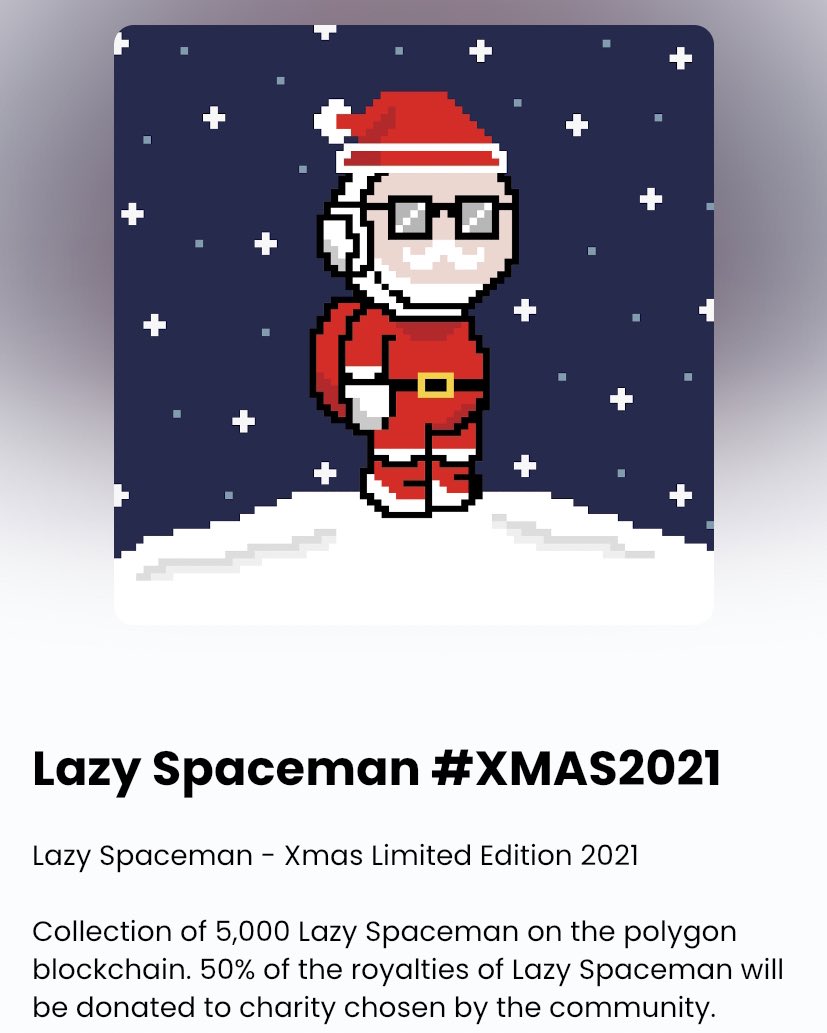 Lazy Spaceman #NFTGiveaway 
'Xmas Limited Edition 2021'

10 FREE NFT Giving away!

- First 10 completed
- Follow @sheng80617 & @lazyspacemannft
- LIKE and RT
- Drop your ETH Wallet
- 1 person only get 1

#NFT #XMAS2021 #XmasGift