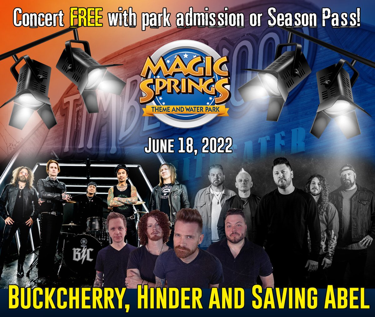 The 2022 concert season is getting more exciting by the minute! Buckcherry, Hinder and Saving Abel will be rocking the Magic Springs stage on June 18. A season pass is your summer-long  concert pass. We can't wait to see you there! 🌊 ☀️ 🎢 Learn more at bit.ly/TWConcerts.