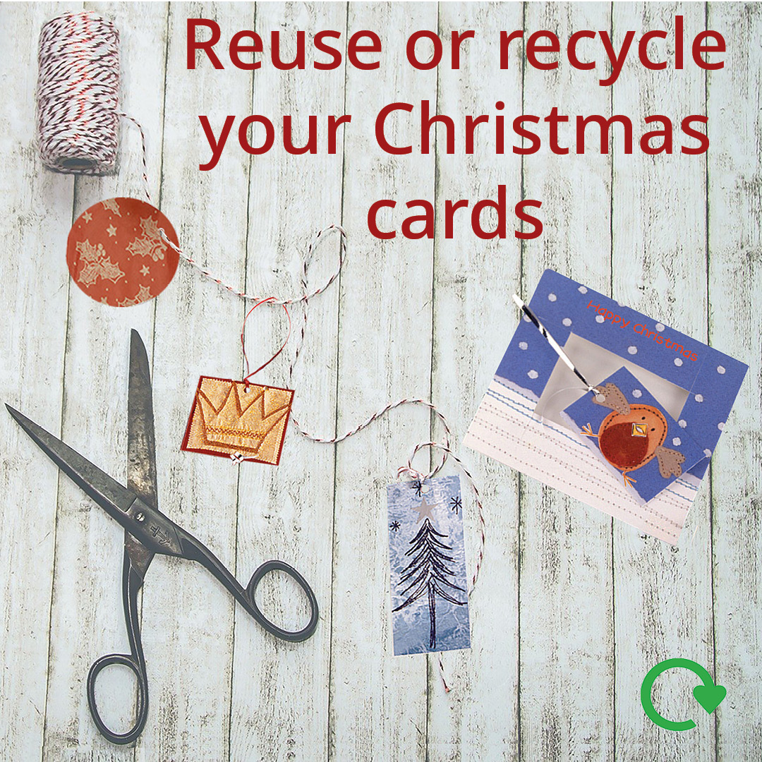 HighlandCouncil's tweet photo. When you take down your Christmas decorations and cards, save your cards to be reused another year by turning them into gift tags. Any remaining card can go in the blue recycling bin. #recycleforHighland #zerowasteChristmas https://t.co/agxSrM6JUT