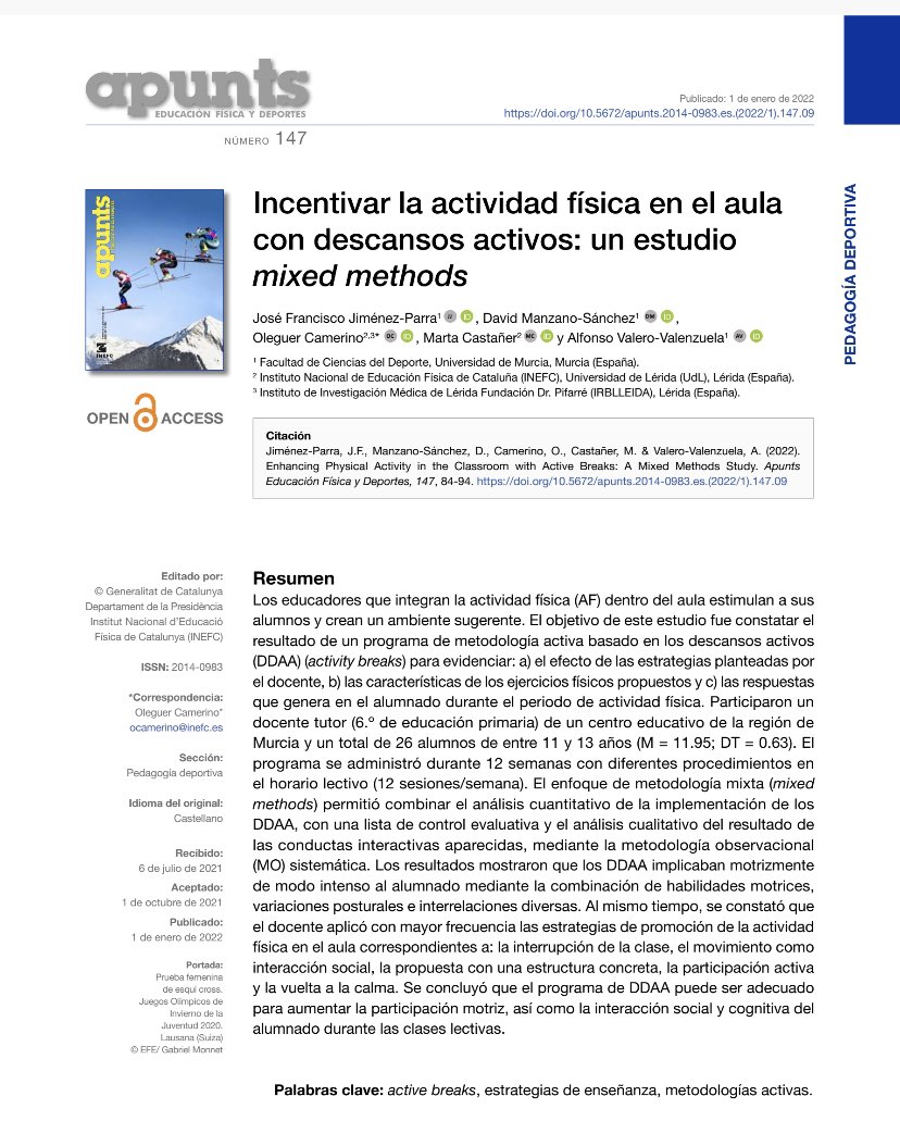 ¿Qué son los Descansos activos y qué efectos provocan a nivel motriz, social y cognitivo en el contexto educativo? En este artículo que saldrá en el próximo número de Apunts, esto y mucho más. revista-apunts.com