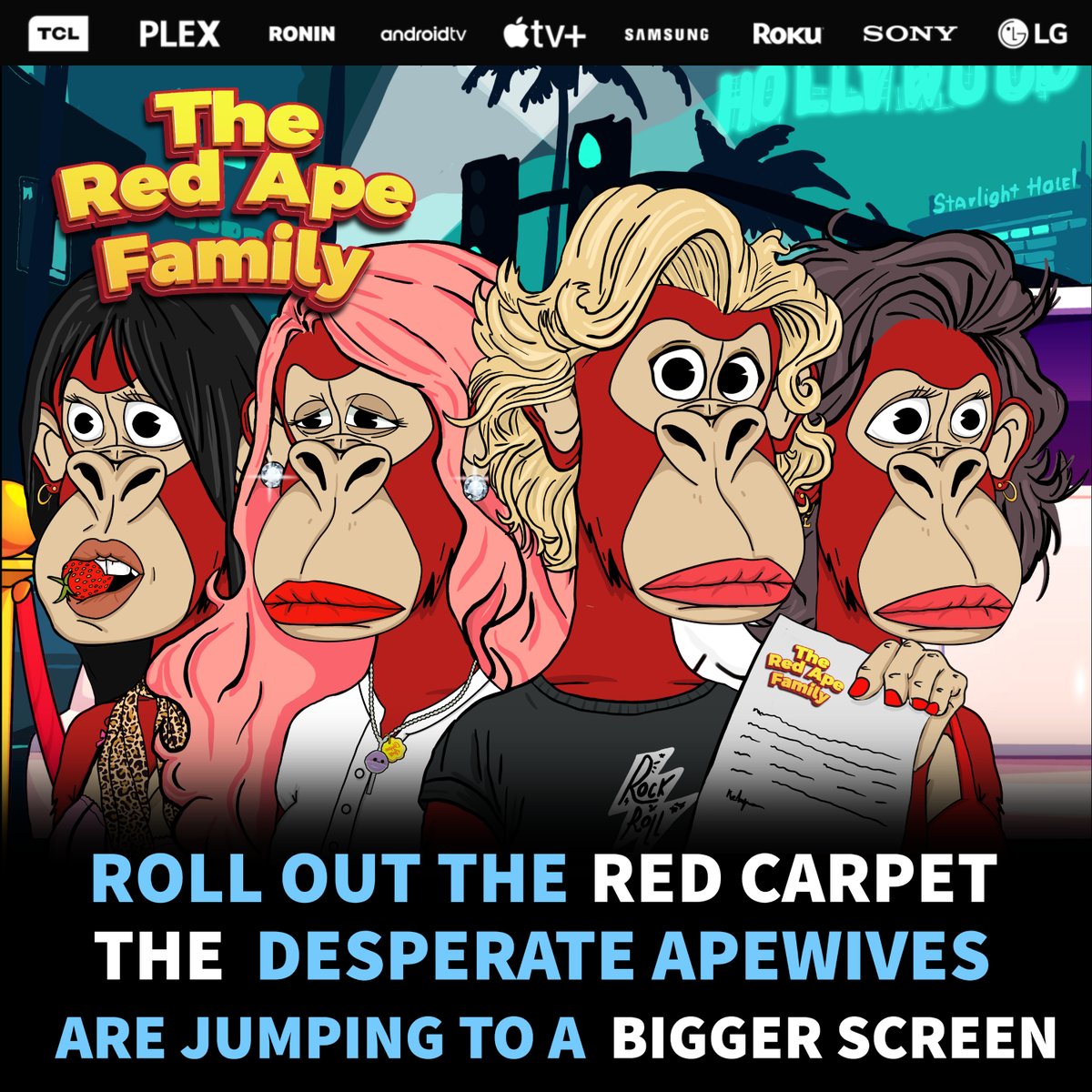 DApeWives's tweet photo. Roll out the red carpet. @DApeWives x @TheRedApeFamily are about to make history! 

We are excited to announce that 4 DAWs will join the cast and be featured on The Red Ape Family series which will be available on Apple TV, Roku, Samsung, Android TV &amp; more starting January 10th! https://t.co/3yl8bHsSo7