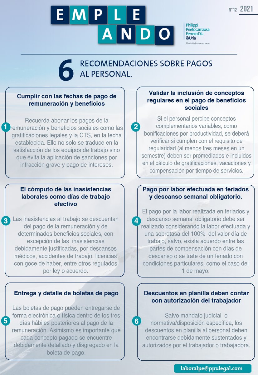 ppulegal's tweet photo. #PERÚ🇵🇪
📄En nuestra reciente edición de #Empleando, compartimos 6 Recomendaciones sobre pagos al personal.
📩Para más información contáctese a: laboralpe@ppulegal.com https://t.co/HqpzVob6bb