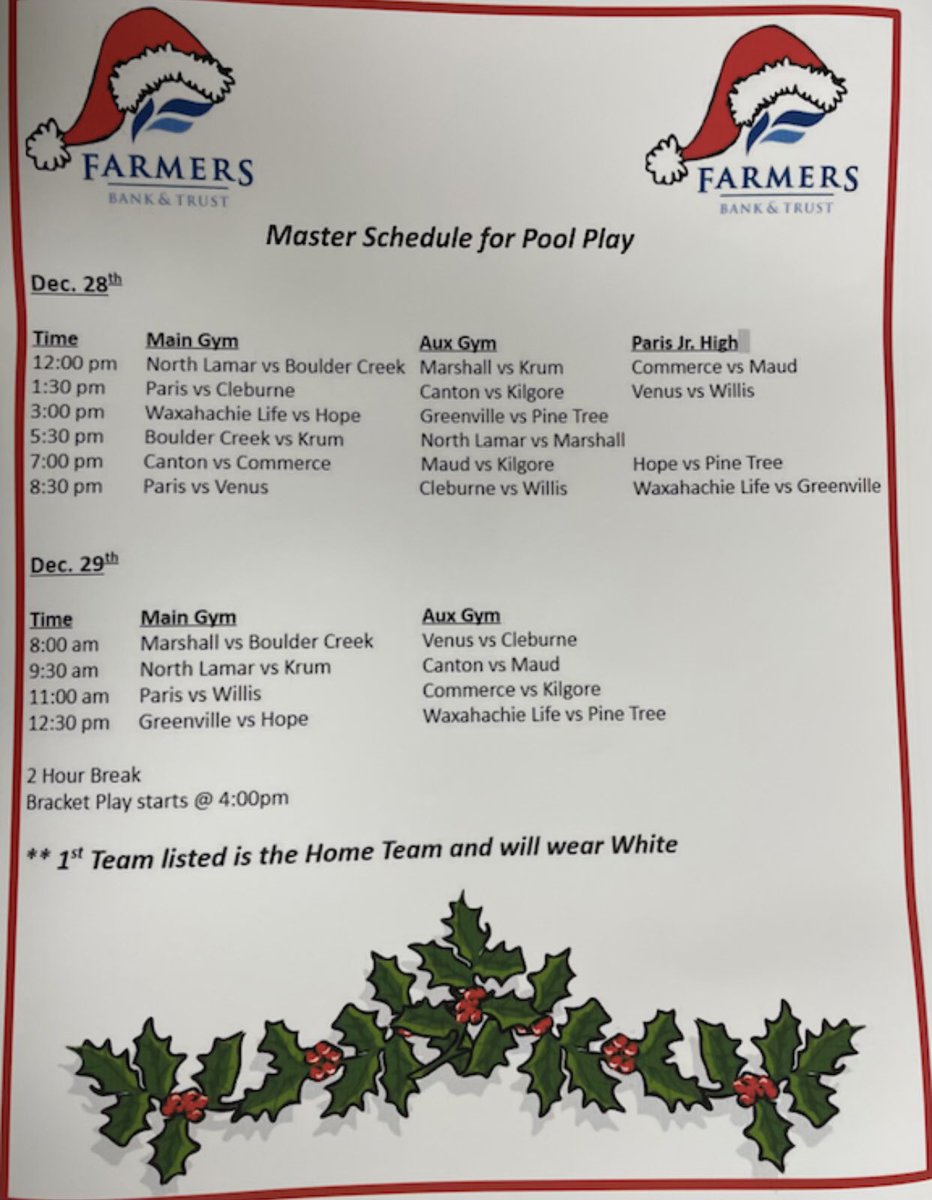 🚨 Marshall will be participating in the The 11th annual Paris Holiday Basketball Tournament. 
#ONEHEARTBEAT

🆚 Krum
⏰ 12:00 p.m.
📍Paris High School Auxilary Gym