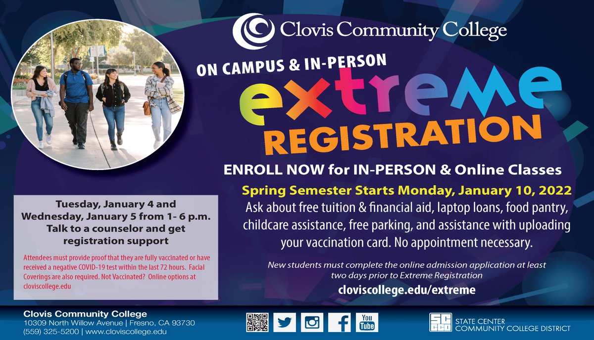ClovisCollege's tweet photo. Extreme Registration is January 4 &amp; 5. Details at https://t.co/cI4DZCcMlx
​#clovis #cloviscommunitycollege #ExtremeRegistration #SpringSemester https://t.co/a9GaDZOl3K