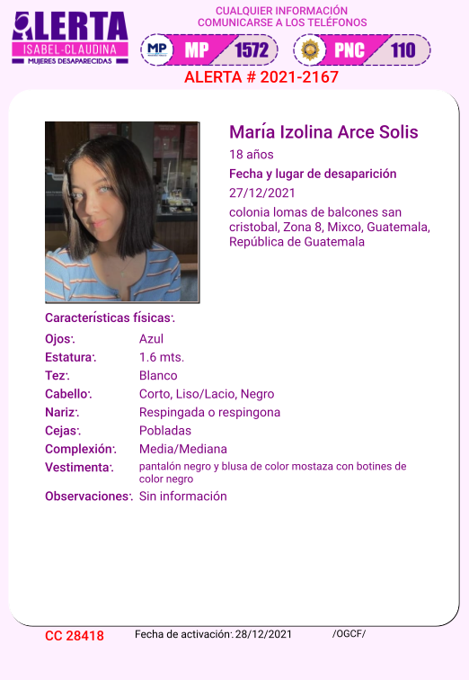 isabel_claudina's tweet photo. #AlertaIsabelClaudina
🚨 Ayúdenos a encontrar a
María Izolina Arce Solis                                              
Desapareció  27 de Diciembre de 2021
Cualquier información comunicarse al teléfono 📞 1572
Gracias por difundir esta información❗ https://t.co/auiN84n2vR