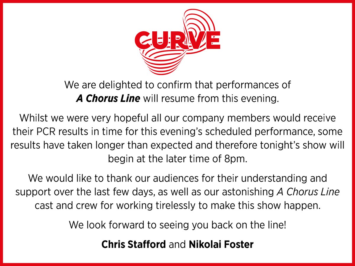 CurveLeicester's tweet photo. ***UPDATE***

We are very pleased to confirm that performances of A Chorus Line will resume this evening. https://t.co/Sww1YJm2Az