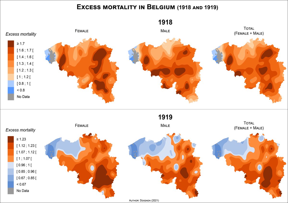 EPIBEL1's tweet photo. in the meanwhile: our visualisation of excess mortality in Belgium in 1918 and 1919. Clear spatial differences which need to be explored further... https://t.co/q7iCW9bN9Z