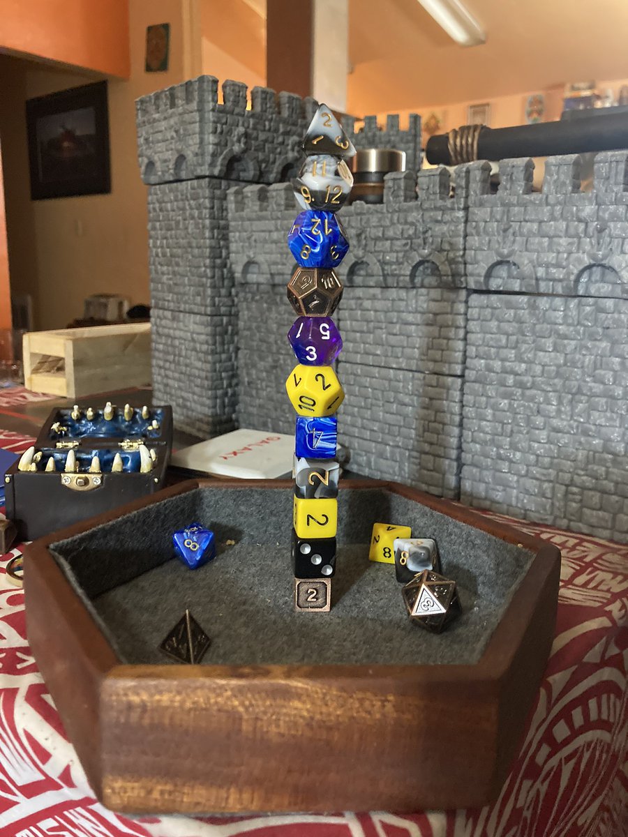 BudandLather's tweet photo. Sometimes we stack dice to stay occupied while waiting for our turn in initiative. Our High Score was 11. How high can you get? #d6 #d10 #d12 #d4 #d8 #d20 #ttrpg #gettinghigh https://t.co/u1nOLo2z5Z