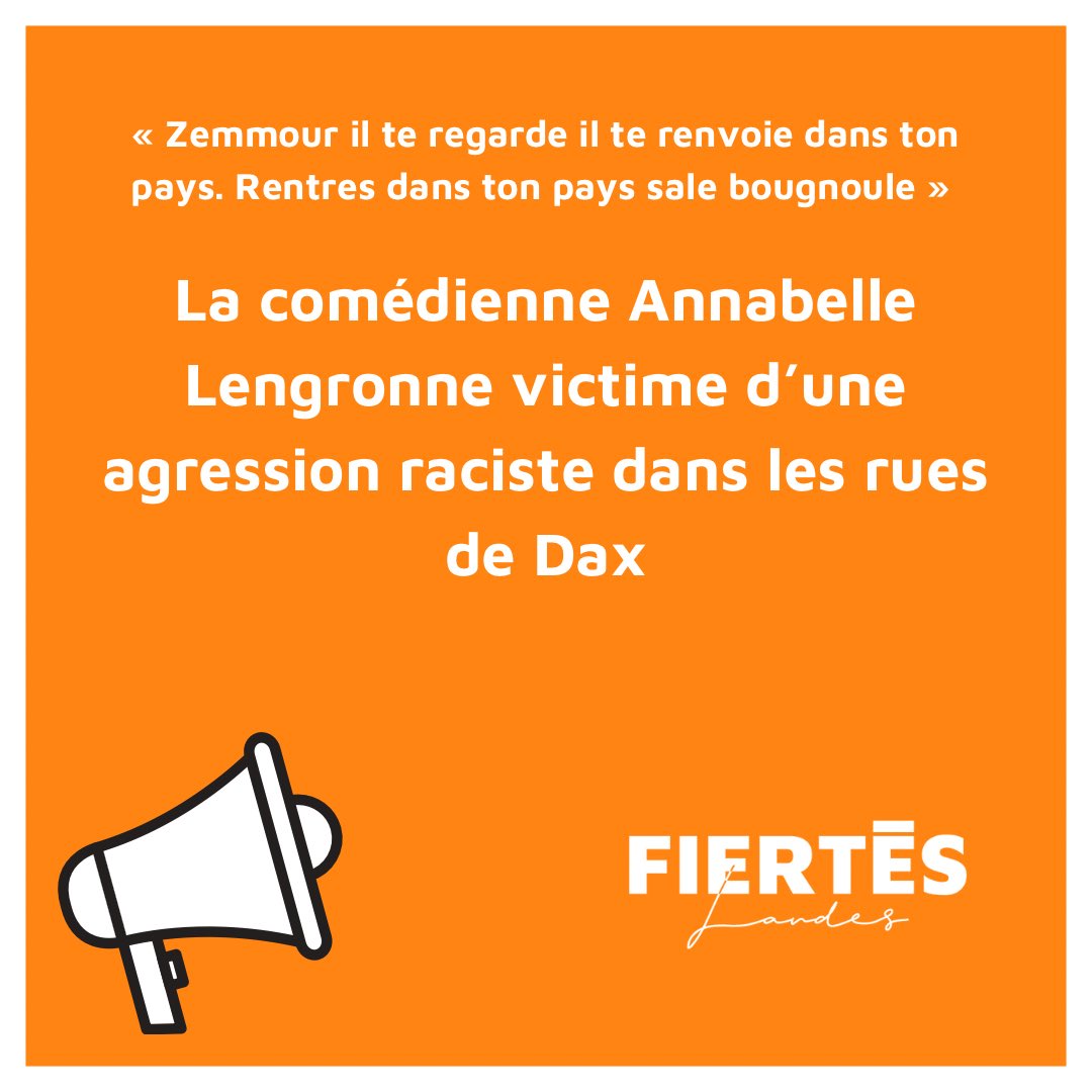 #AgressionRaciste à Dax 
@fierteslandes condamne fermement cette agression et tient à apporter tout son soutien à Annabelle. La haine n’a pas sa place, ni à Dax, ni ailleurs.
@Bleu_Gascogne @souvenirsfmdax @SO_Landes @Radio_mdm40 @HapchotWebradio @F3Aquitaine