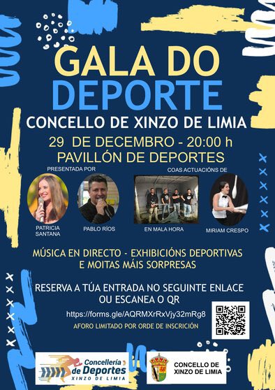 Mañá celebraremos a I Gala do Deporte, con entrega de premios e actuacións musicais, presentada por <a href="/Patri_FSantana/">Patricia FSantana</a> e Pablo Ríos. Reserva a túa entrada na ligazón 👉🏿 forms.gle/AQRMXrRxVjy32m…