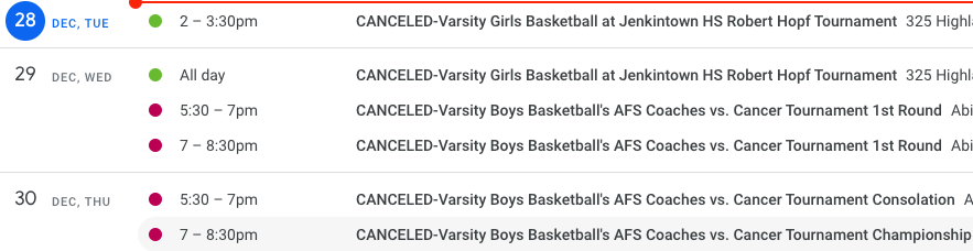 AFS Athletics (@afs_roos) on Twitter photo šØšØAFS Athletics Schedule UpdatešØšØ
Varsity Girls Basketball at Robert Hopf Tournament CANCELED (12/28 & 12/29)
Varsity Boys Basketball hosting Coaches vs. Cancer Tournament CANCELED (12/29 & 12/30)
Stay safe, everyone.
<a href="/AbingtonFriends/">Abington Friends</a> šØšØAFS Athletics Schedule UpdatešØšØ
Varsity Girls Basketball at Robert Hopf Tournament CANCELED (12/28 & 12/29)
Varsity Boys Basketball hosting Coaches vs. Cancer Tournament CANCELED (12/29 & 12/30)
Stay safe, everyone.
<a href="/AbingtonFriends/">Abington Friends</a>