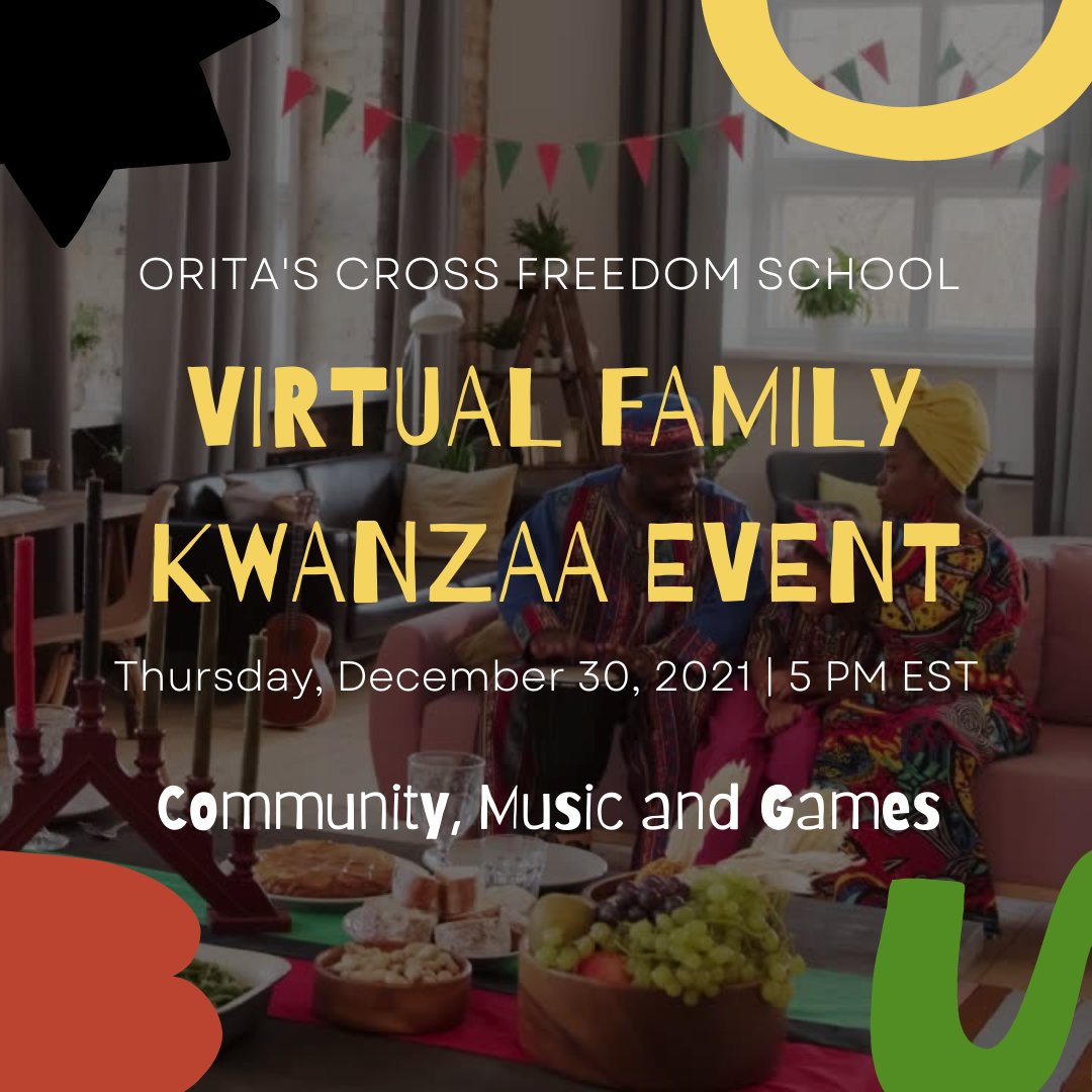 OritasCross's tweet photo. Don't forget that our virtual Family #Kwanzaa Event is this Thursday at 5:00PM ET!  @ImCultureQueen is coming to introduce us to the #KwanzaaSlide Challenge.  We'll also have @ItsBlackademic leading us in a live trivia game. We'll be streaming on our Facebook &amp; YouTube pages! https://t.co/0INXPfy98U