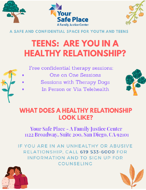 ChadwickCenter's tweet photo. #TopicTuesday: #HealthyRelationshipsforTeens
@CityAttorneySD's #YourSafePlace #FamilyJusticeCenter offers free, confidential therapy to #teens on #healthyrelationships. Call 619-533-6000 if you are in an #unhealthy or #abusiverelationship to sign up for #counseling. https://t.co/uaxtrWos5l