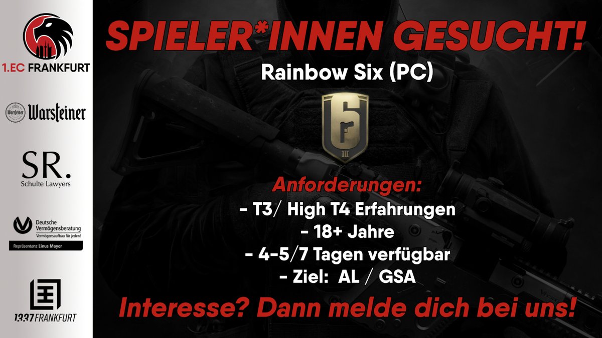 1ECFrankfurt's tweet photo. Gude!⚔️

Wir suchen ab sofort einen Coach sowie Flex-/Support-Spieler*innen für unser #RainbowSix Line-up.

Du entsprichst den Kriterien und möchtest in der kommenden Saison einfach alles geben?
Dann melde dich bei @faveripper oder uns per PM!

Bis bald! https://t.co/OiMwFG9GTS