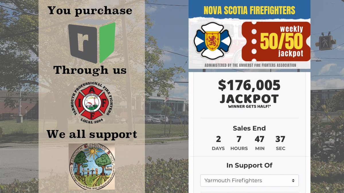 Last weeks winner took home over $878,000. Ticket sales end Thursday at 8:45pm
Click the link below and Yarmouth Firefighters will be supporting the <a href="/SchoolYarmouth/">Yarmouth Elementary School</a> Elementary Home &amp; School Playground. 

rafflebox.ca/raffle/nsfd/121

#supportingourcommunities
#HelpingOthers 
#NSFF5050