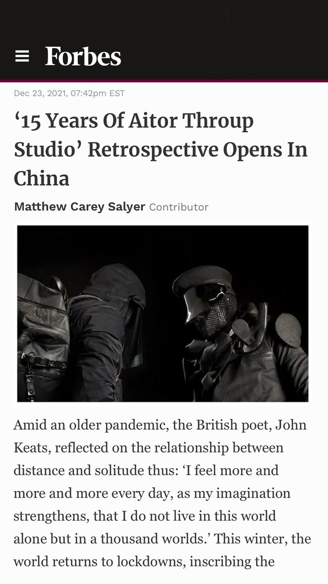 Thank you <a href="/Forbes/">Forbes</a> &amp; <a href="/CareySalyer/">Matthew Carey Salyer</a> for a beautifully written piece on our ‘15 Years Of Aitor Throup Studio’ exhibitions organised by Zovin Boutique (Shenzhen, China) &amp; Ink Clothing (Hong Kong) 

forbes.com/sites/mattsaly…