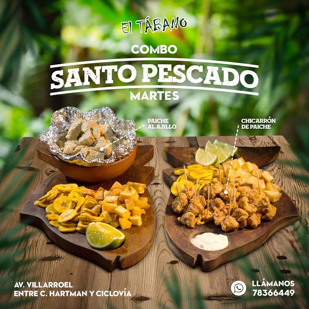 EltabanoPub's tweet photo. #Cochabamba
Nuestro combo de martes.
SANTO PESCADO.
2 piqueos de paiche.
Sin espinas.
Los dos más pedidos Al Ajillo y Chicharrón.
Acompañan, plátanos dulces, crocantes yucas crispy y platanitos salados.
Limón y salsas de la casa.
#ElTábano🌴 #AmazonianFood https://t.co/BQVivBcHPV