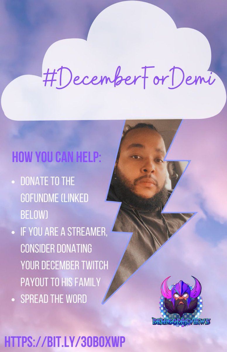 seauxdevine's tweet photo. Hey y’all! December isn’t over yet &amp; we are soooo close to our goal. Please consider donating to continue Demi’s light &amp; legacy for his family. Share everywhere!💜🌩 #DecemberForDemi https://t.co/XtfNVUonyf https://t.co/lpq3xWFFl8