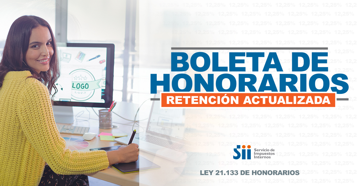 SII_Chile's tweet photo. [BOLETAS DE HONORARIOS] Recuerda que a partir del 1 de enero del 2022, el porcentaje de retención de tus boletas pasa de 11,5% a 12,25% (Ley 21.133). https://t.co/c2R3Qc5u7h