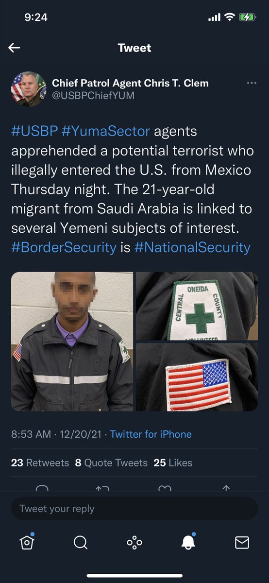 BillMelugin_'s tweet image. NEW: A tweet posted last week by Border Patrol’s Yuma sector chief about a potential terrorist arrested at the AZ border has been deleted. CBP says it contained “sensitive info” and “violated protocols”. The man was in an EMS jacket belonging to an organization in upstate NY.