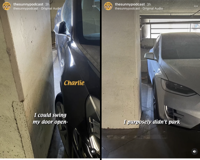 isaballahfenn's tweet photo. We are shown two photos of cars, one marked as Glenn and one marked as Charlie. Both of these cars appear to have columns on their passenger side. How is this possible? It’s not. https://t.co/xt9vEfzx7D
