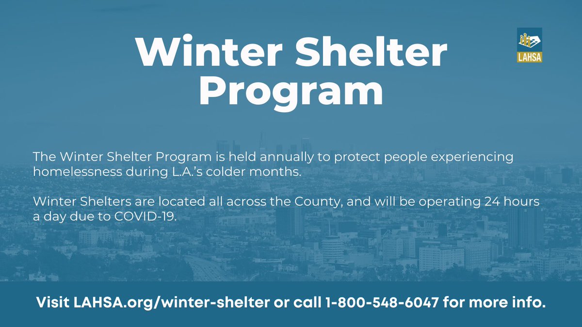MayorOfLA's tweet photo. Now through 3/31, @LAHomeless' Winter Shelter Program is providing unhoused Angelenos with a warm place to sleep, free meals, housing assistance &amp; other supportive services in temporary emergency shelters.

For more info, visit https://t.co/Yqe8PqfjKq or call 1-800-548-6047. https://t.co/gyskySt66s