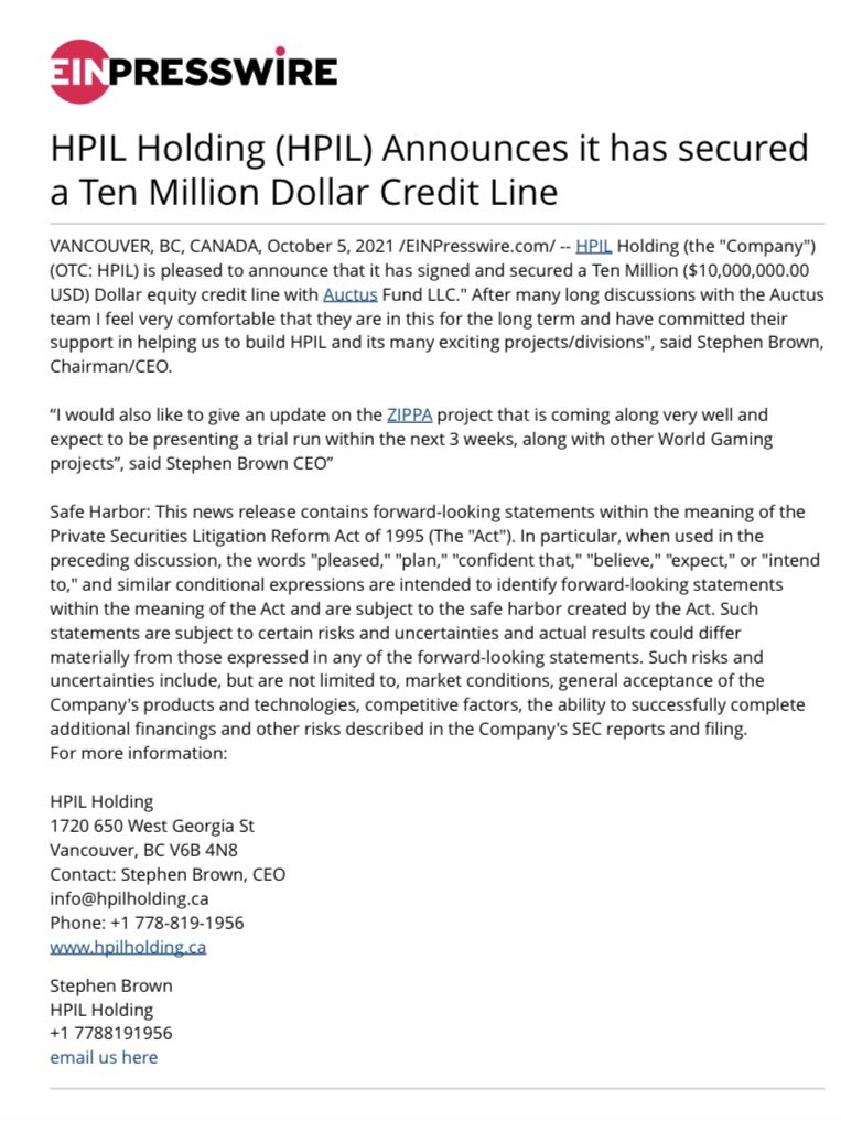 stockGains8's tweet photo. $HPIL 

Let us not forget, as of October 5th 2021 Hpil secured a Ten Million ($10,000,000.00 USD) Dollar equity credit line. SB stated he would not use this money until we are PINK current.  
https://t.co/WLMsfgMtgn https://t.co/vWt19MrGr3