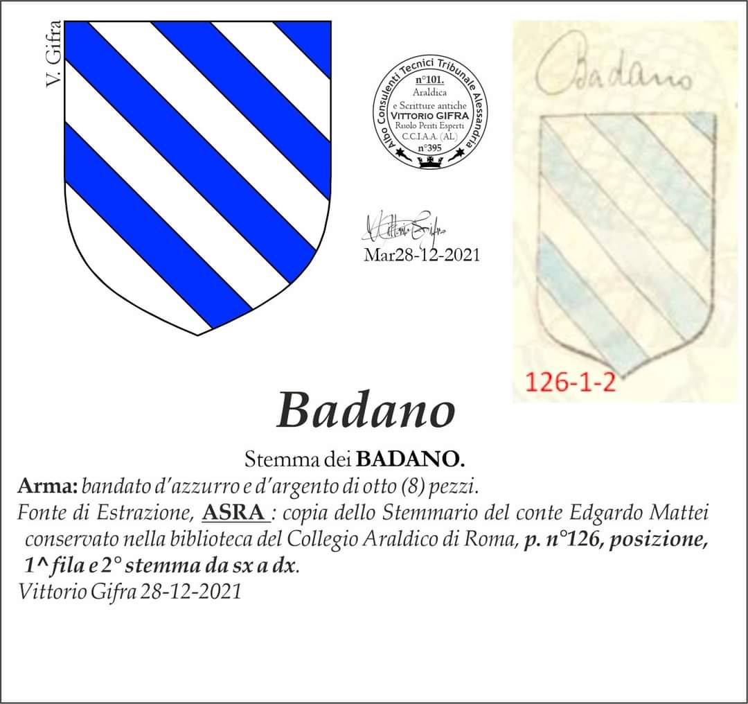 VGIFRA's tweet photo. Stemma dei #BADANO. @badano
Arma: bandato d’azzurro e d’argento di otto ( 8 ) pezzi.
Fonte di Estrazione, ASRA : copia dello Stemmario del conte Edgardo Mattei conservato nella biblioteca del Collegio Araldico di Roma, p. n°126, posizione, 1^ fila e 2° stemma da sx a dx. https://t.co/ef5g5FecrP