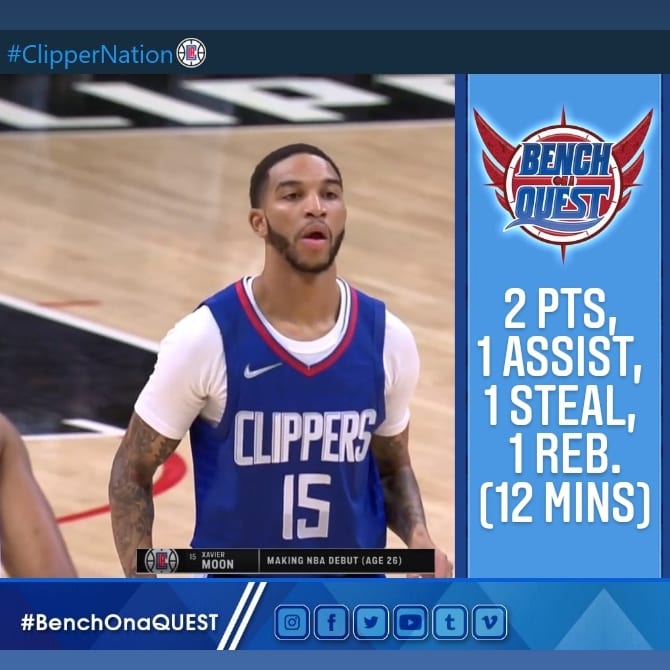 BenchOnaQuest's tweet photo. ➡️@Xavier_Moon almost quit bball in 2016 after losing his stepdad.❤️💙 #RiPECW 
X then became a @CEBLeague legend w/ @ED_Stingers! 🇨🇦🏆
🔥X made his NBA debut w/ the @LAClippers: 2 Pts,1 Reb,1 Ast,1 Stl. 💪🏽
Credit:@mikeydomagala32. CONGRATS!👏🏾🙌🏿  #BenchOnaQuest 🏀 #ClipperNation https://t.co/bMv5a7pHP8
