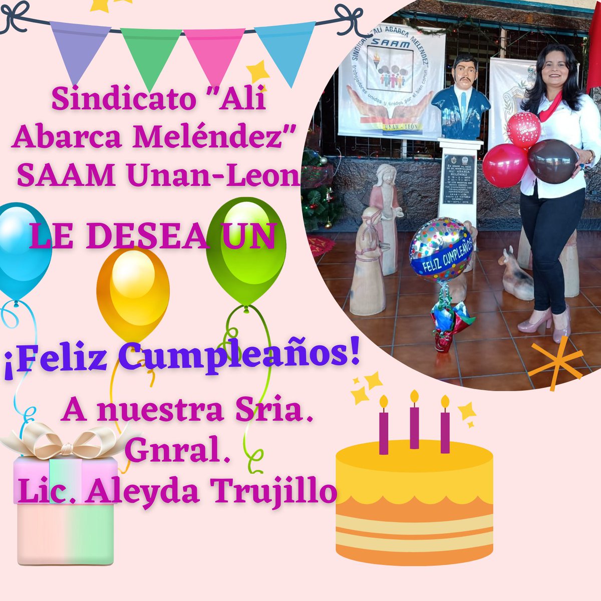 #28Dic Felicidad, amor, salud y prosperidad es lo que le deseamos a Nstra. Sria. Gnral. #SAAMUnanLeon 
Lic. Aleyda Trujillo para este nuevo año de vida que comienza. 
🥳Feliz cumpleaños‼🎂 <a href="/Aleycruz2020/">Aleyda Trujillo</a>
#LeonRevolucion