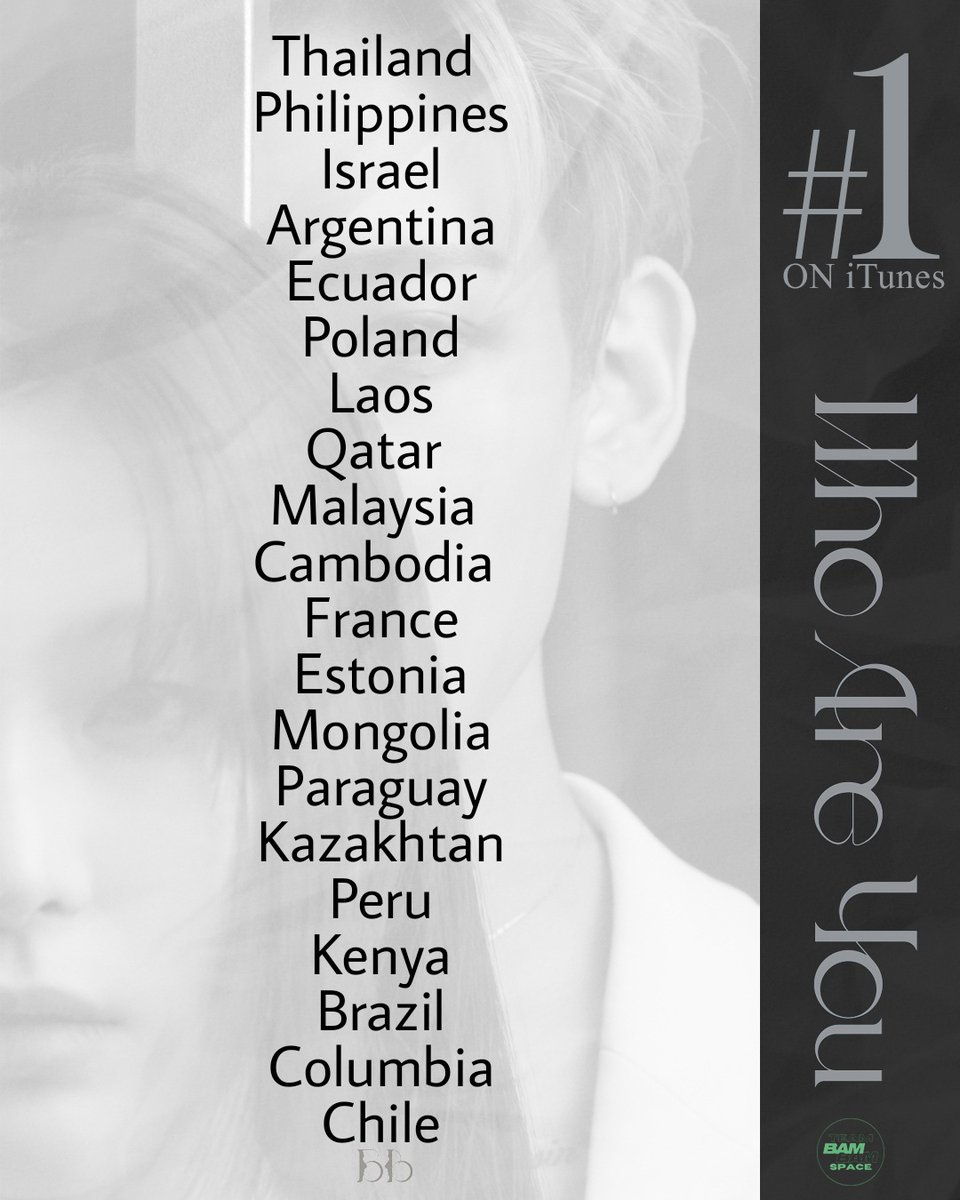 TeamBamBamSpace's tweet photo. #BamBamSpace Update: as of 2:30AM KST
📈Itunes Chart #1
🎯20/20 countries
🎭BamBam ft Seulgi Who Are You 🎭
Itunes link: Who Are You - Single by BamBam https://t.co/7JklXdS7uP…
Let’s buy, stream and share☺️🙏💚
#WhoAreYou #WhoAreYouOUTNOW #BamBam #Seulgi #뱀뱀 @BamBam1A https://t.co/eLrS2IM7YN