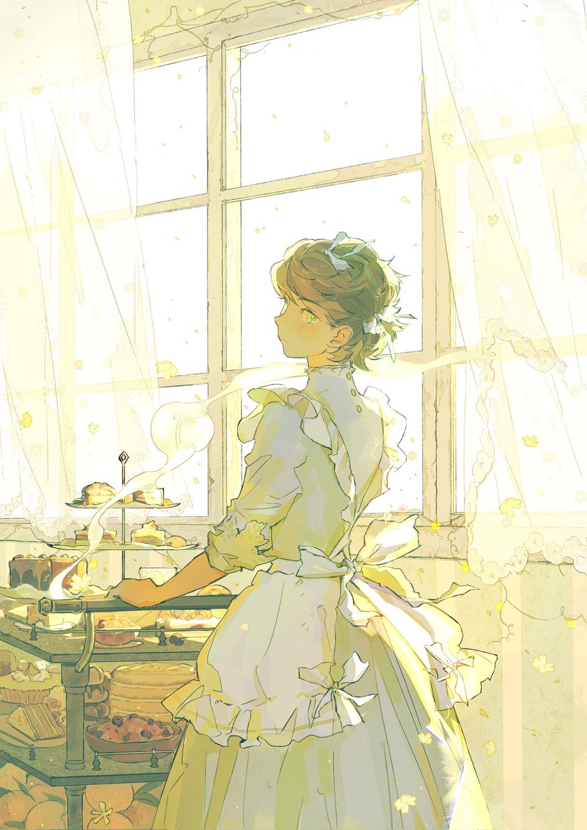 window curtains apron solo food short hair male focus  illustration images