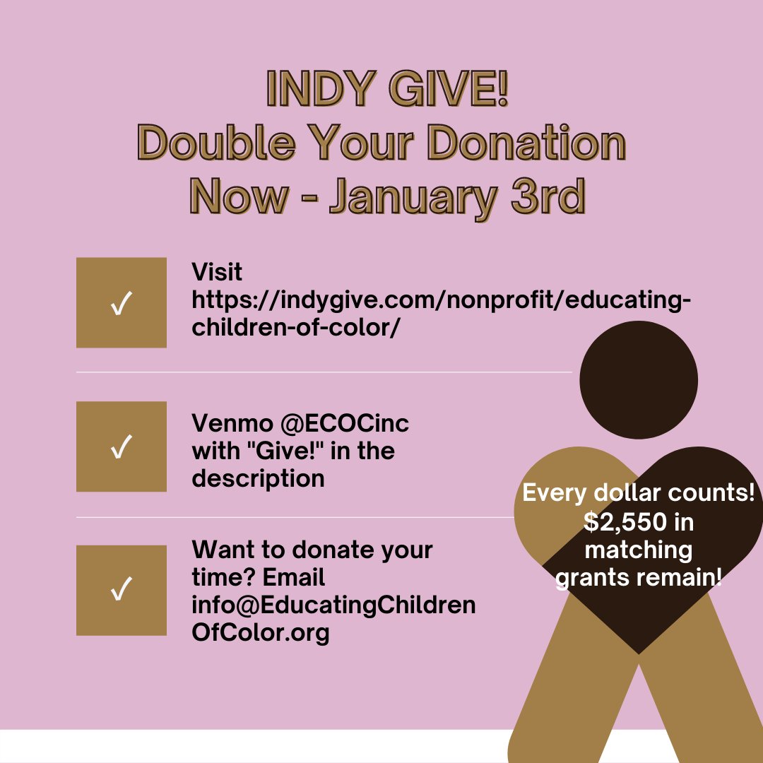 ECOCSummit's tweet photo. Indy Give has been extended to January 3rd! Donate to ECOC today to have your donation doubled through matching grants! With the combined efforts of 52 people, we have raised $3,450— which thanks to our matching grantors has doubled to $6,900!
#ecoc #give #doubleyourgift https://t.co/RFQOWylxw3